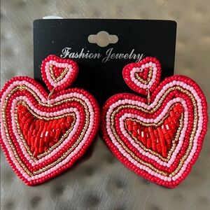 Heart-Shaped Beaded Earrings - Red and Pink- NWT